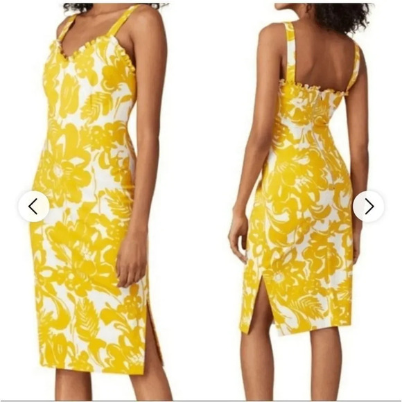 Trina Turk Zile Floral Ruffle Sheath Midi Dress Marigold White Yellow Size 8 - Picture 1 of 16